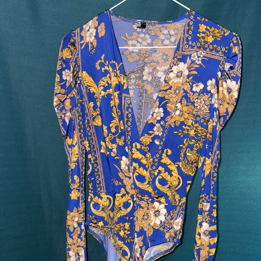 Vibrant Floral Bodysuit - Royal Blue and Gold